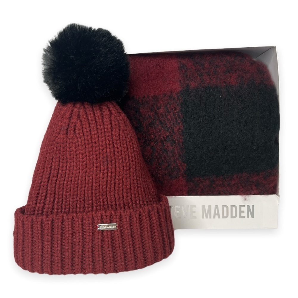 Steve Madden Women's Hat & Scarf Set Red Knit Cuff Beanie Checkered Scarf NEW